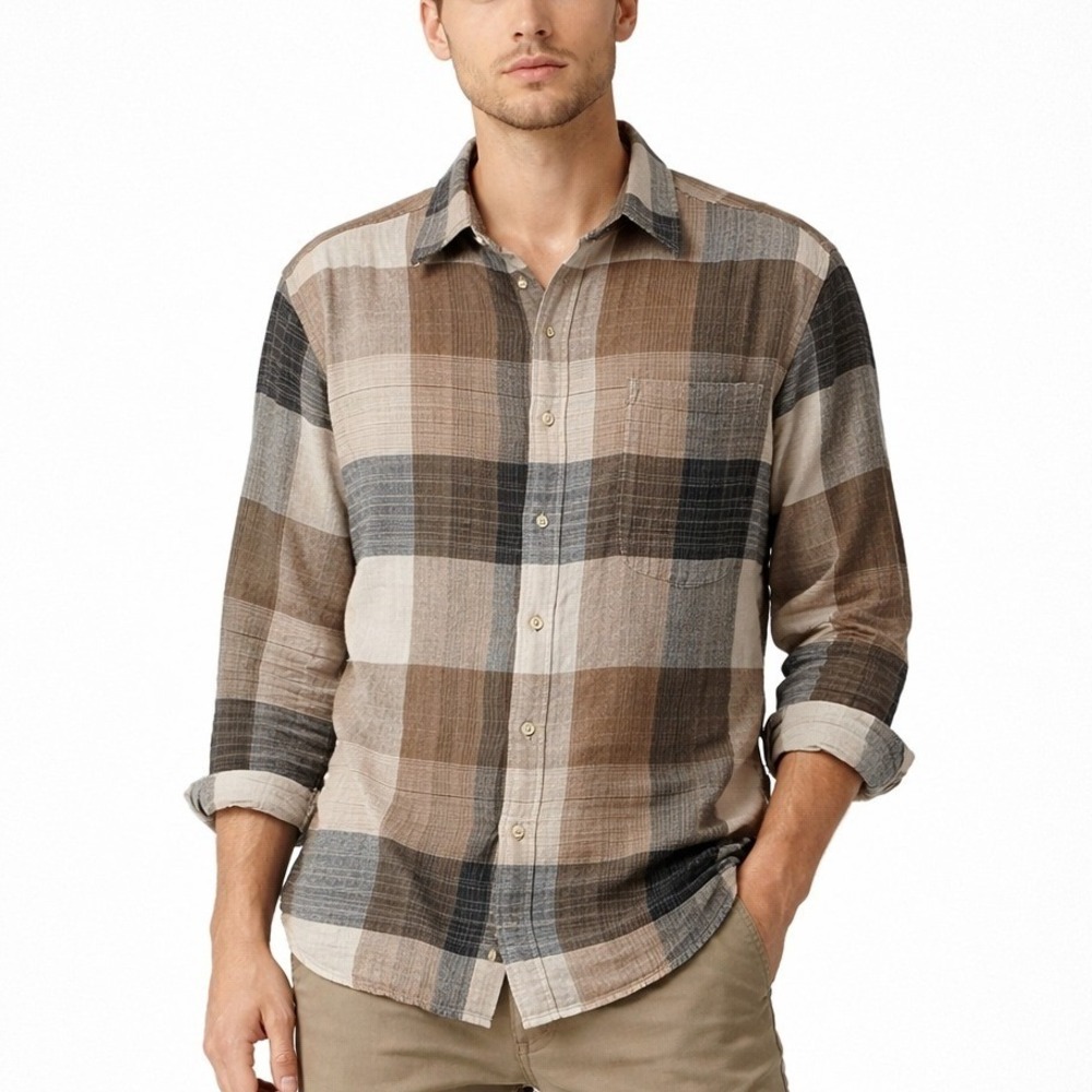 PAUL FREDRICK 100% Linen Plaid Long Sleeve Button Down Shirt. Size Large
